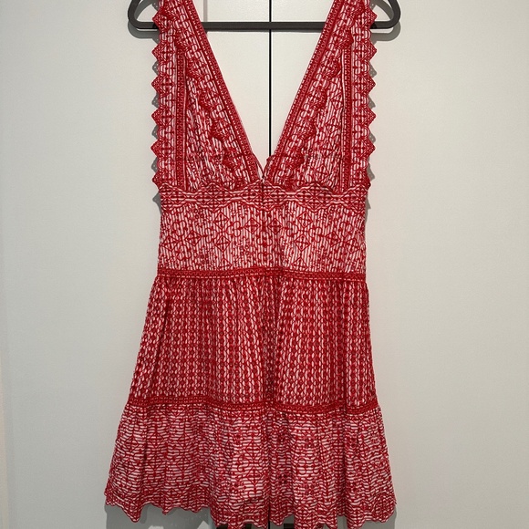 SIMKHAI Red Stripe Eyelet Gathered Mini Dress - Picture 3 of 5